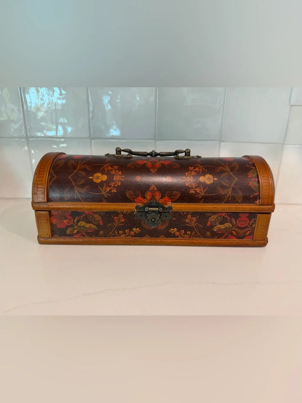 Vintage Ornate Domed Wood Jewelry Box / Keepsake Chest (Velvet Lined)